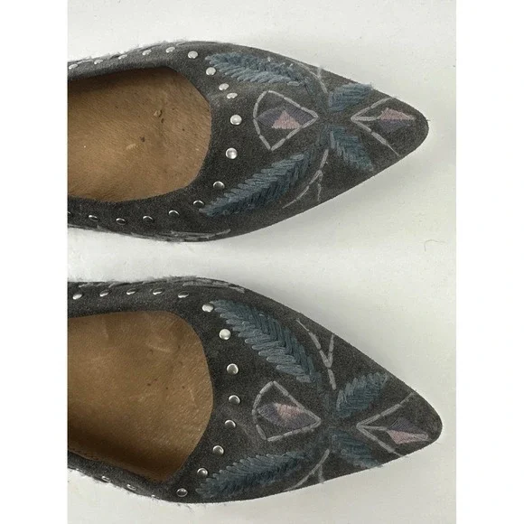 Frye Embroidered Studded Pointed Toe Slip On Ballet Flats Gray Suede 9M Size 9 - Picture 5 of 10